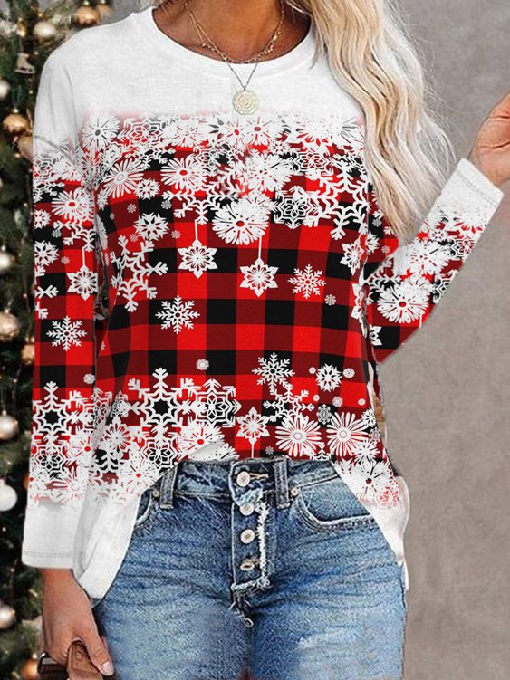 Women's Red Plaid Christmas Sweatshirt Snowflake Printed 