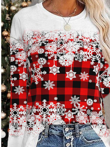 Women's Red Plaid Christmas Sweatshirt Snowflake Printed 