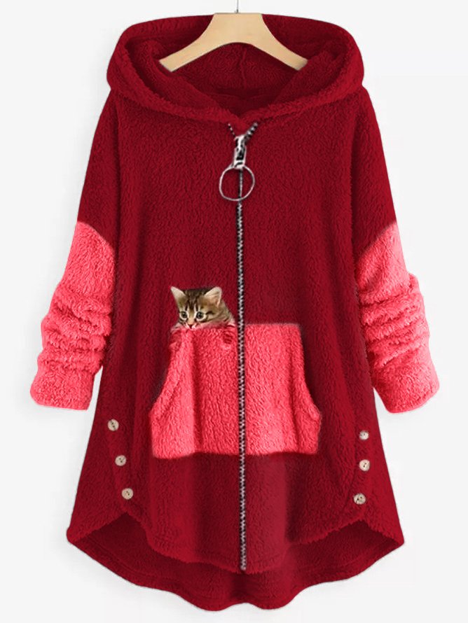Women Color Block Furry Fleece Fabric Cat Zipper Hooded Coat