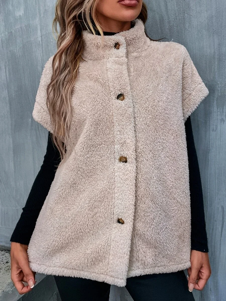 Women Casual Lambswool Plain Teddy Half Turtleneck Short Sleeve Jacket