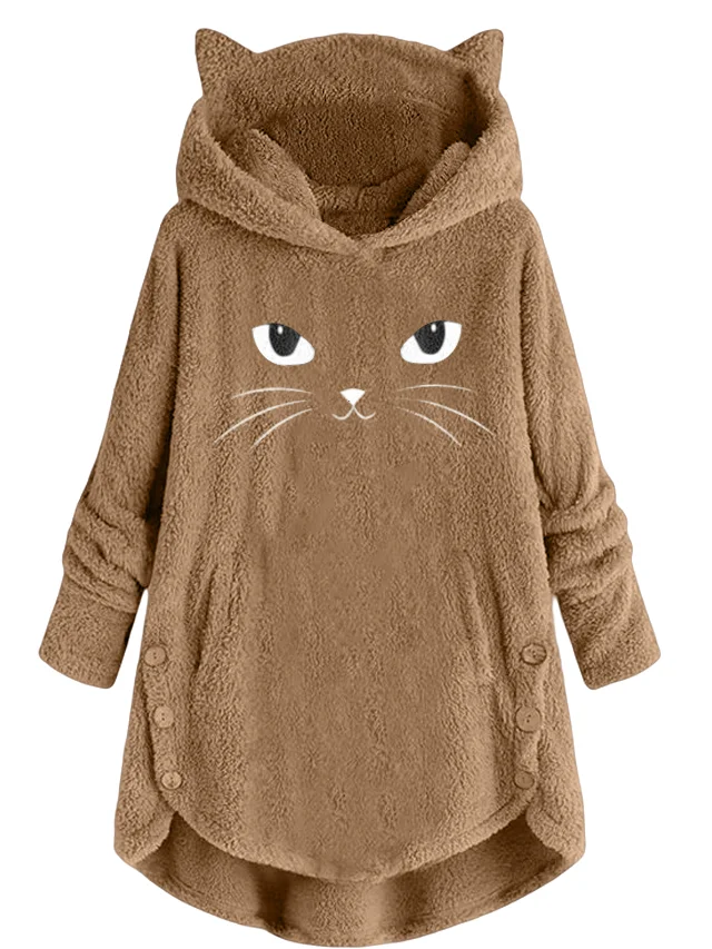 Scratching Cute Cat Embroidered Loose Warm Sweatshirt