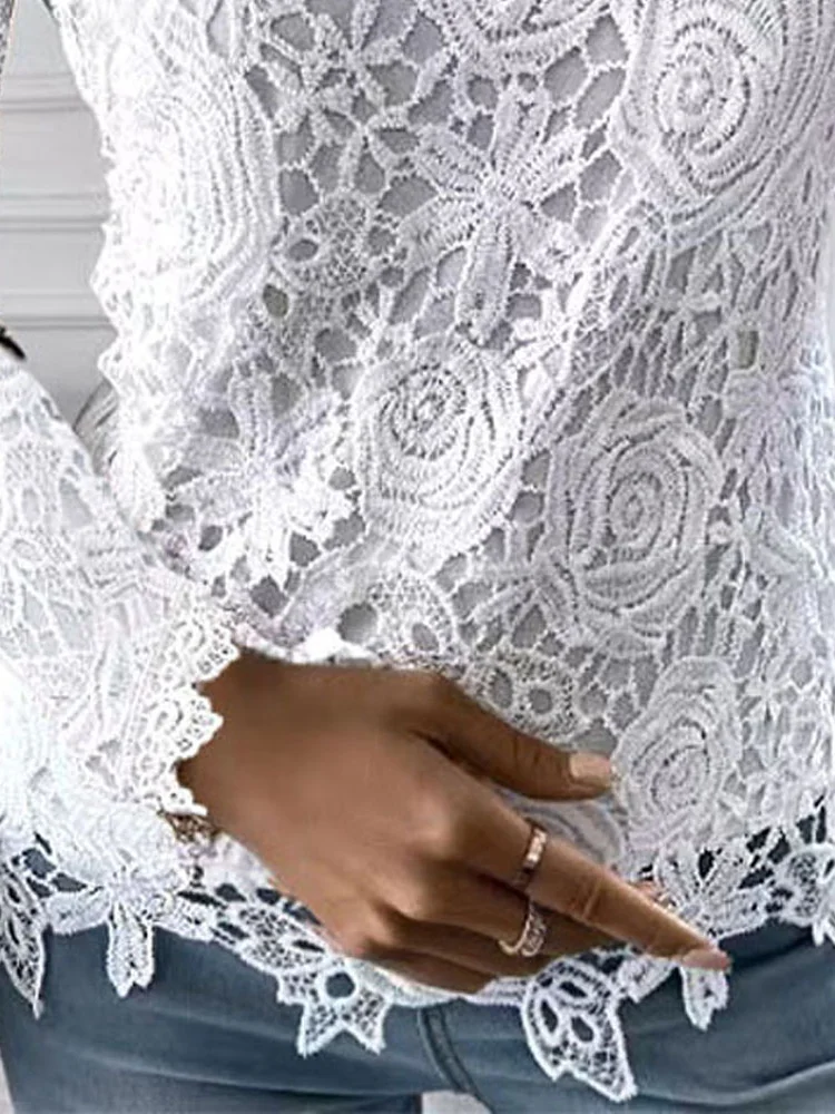 Crew Neck Regular Fit Casual Top Women's Long Sleeve White Lace Top
