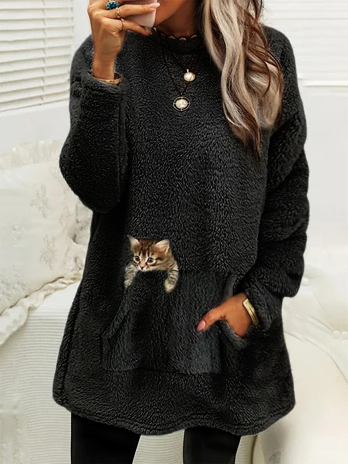 Plush Crew Neck Casual Cat Thermal Sweatshirt Dress
