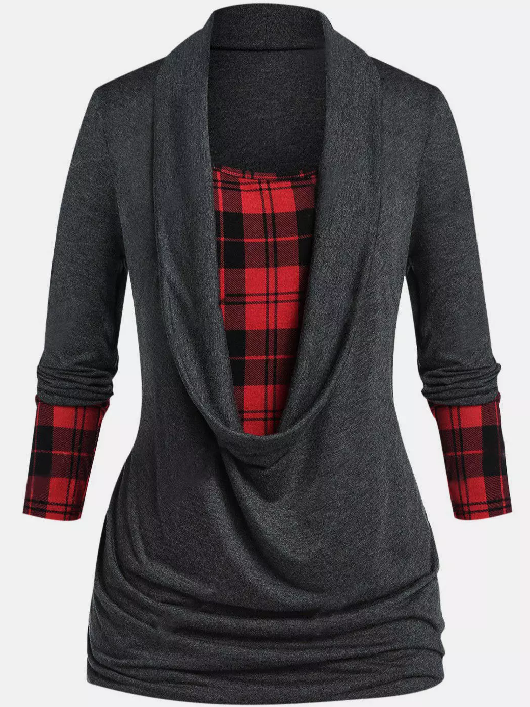 Square Neck Loose Casual Plaid Long Sleeve T-shirt