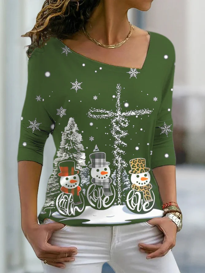 Women's Black long sleeve Tee Snowman Christmas Tree Printed T-shirts	