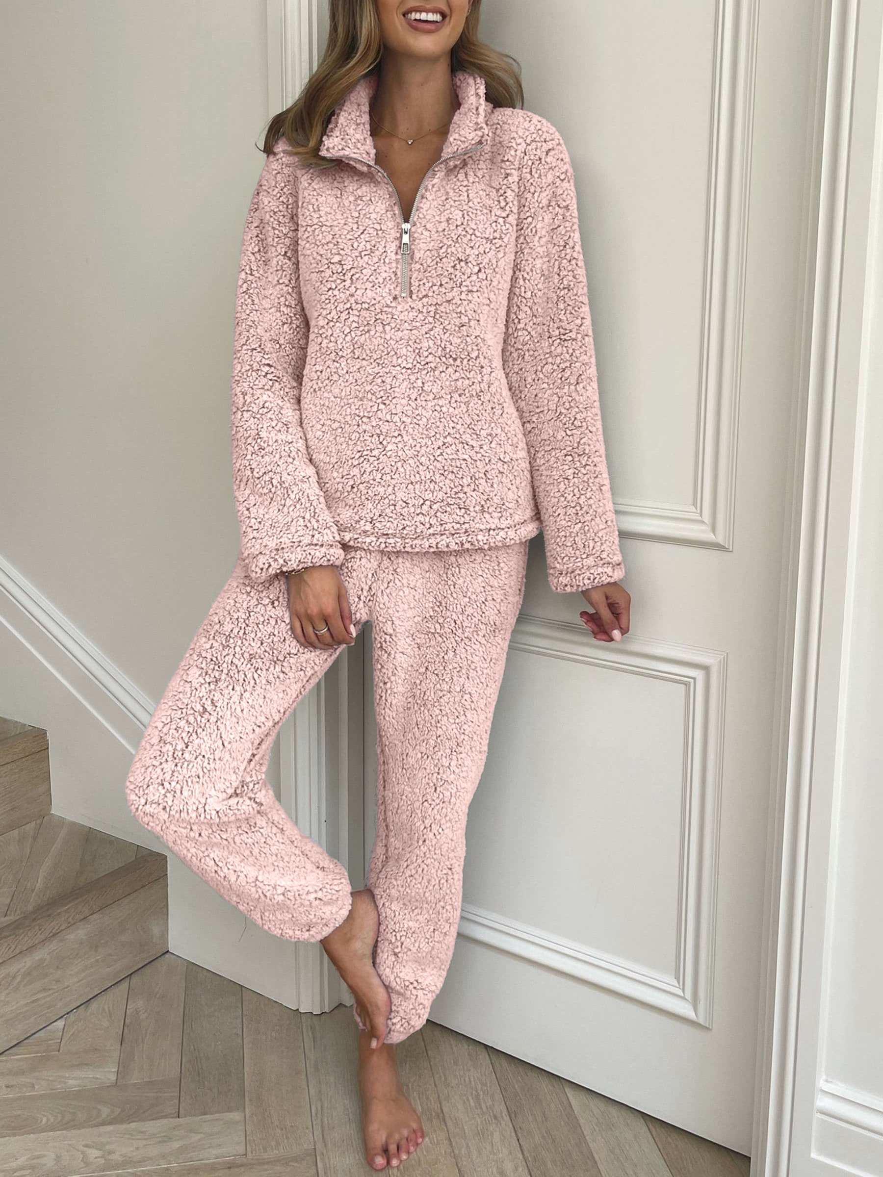 Women's Plush Plain Daily Going Out Two Piece Set Long Sleeve Casual