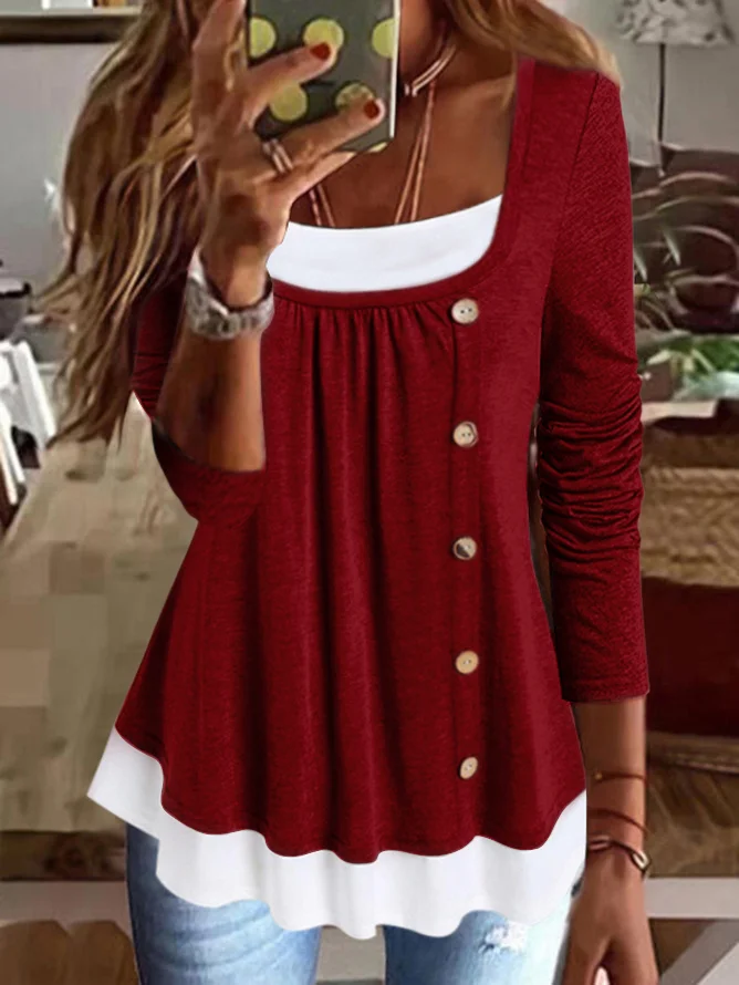 Women's Color Block Long Sleeve Square Neck Button Flowy Tunic Top