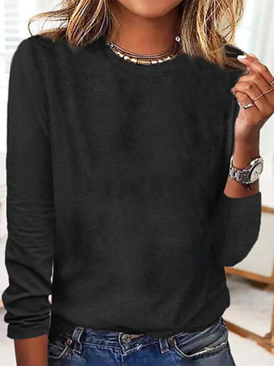Women's Long Sleeve Blouse Spring/Fall Plain Cotton-Blend Crew Neck Daily Going Out Simple Top