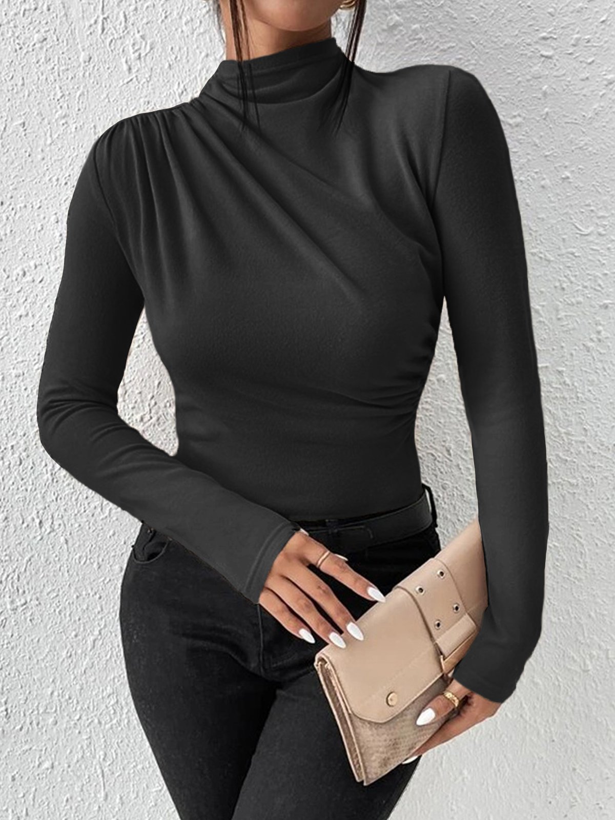 Women Plain Long Sleeve Blouse Spring/Fall Turtleneck Daily Casual Top