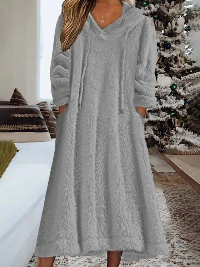 Loose Fluffy/Granular Fleece Fabric Hoodie Casual Dress