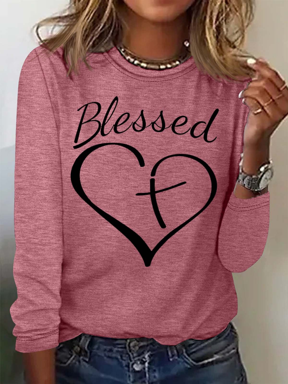 Women's Long Sleeve Blouse Spring/Fall Text Letters Cotton-Blend Crew Neck Daily Going Out Casual Top