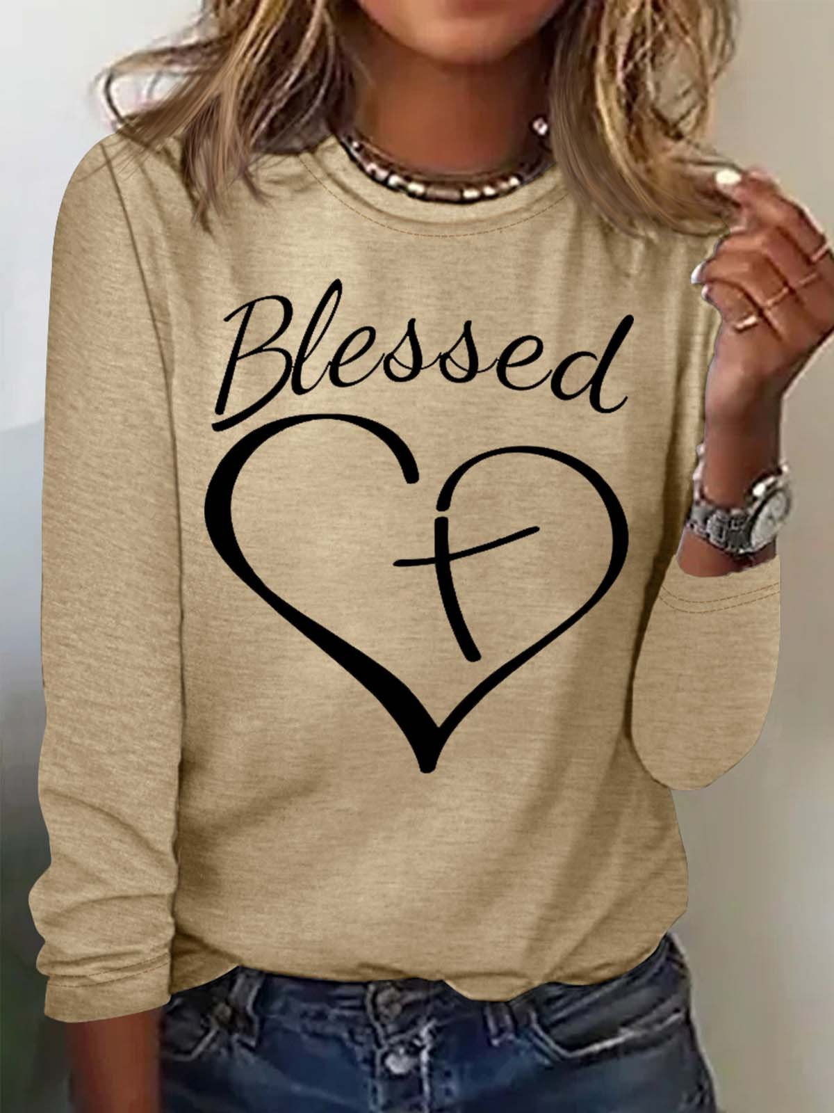 Women's Long Sleeve Blouse Spring/Fall Text Letters Cotton-Blend Crew Neck Daily Going Out Casual Top