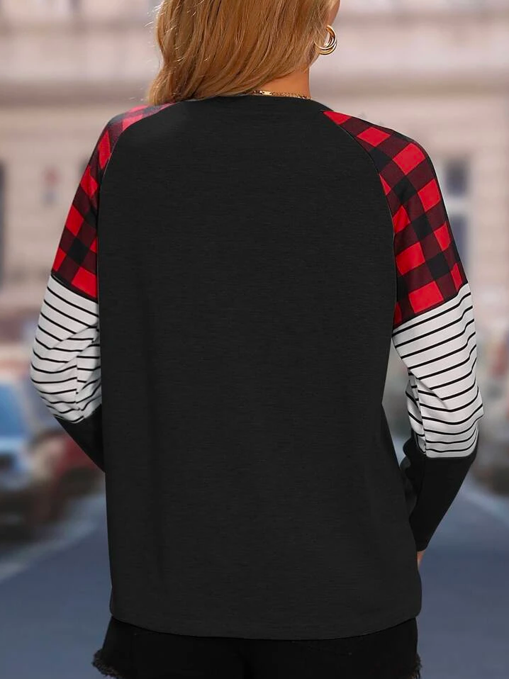 Casual Crew Neck Loose Color Block T-Shirt