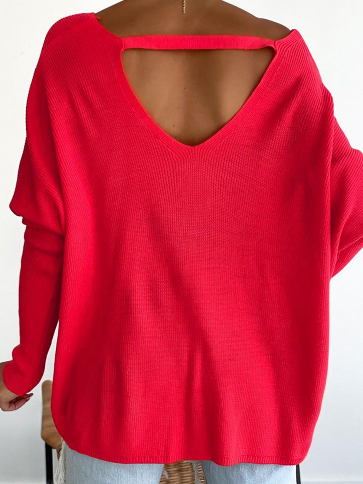 Women Christmas Red V Neck Plain Loose Dolman Sleeves Designed T-Shirt