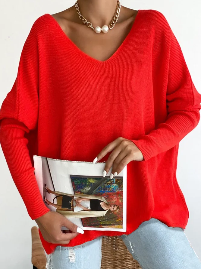 Women Christmas Red V Neck Plain Loose Dolman Sleeves Designed T-Shirt