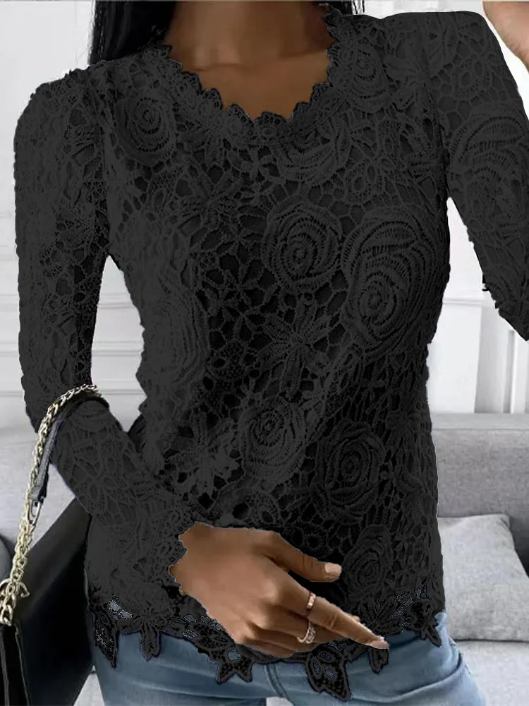 Crew Neck Regular Fit Casual Top Women's Long Sleeve White Lace Top ...