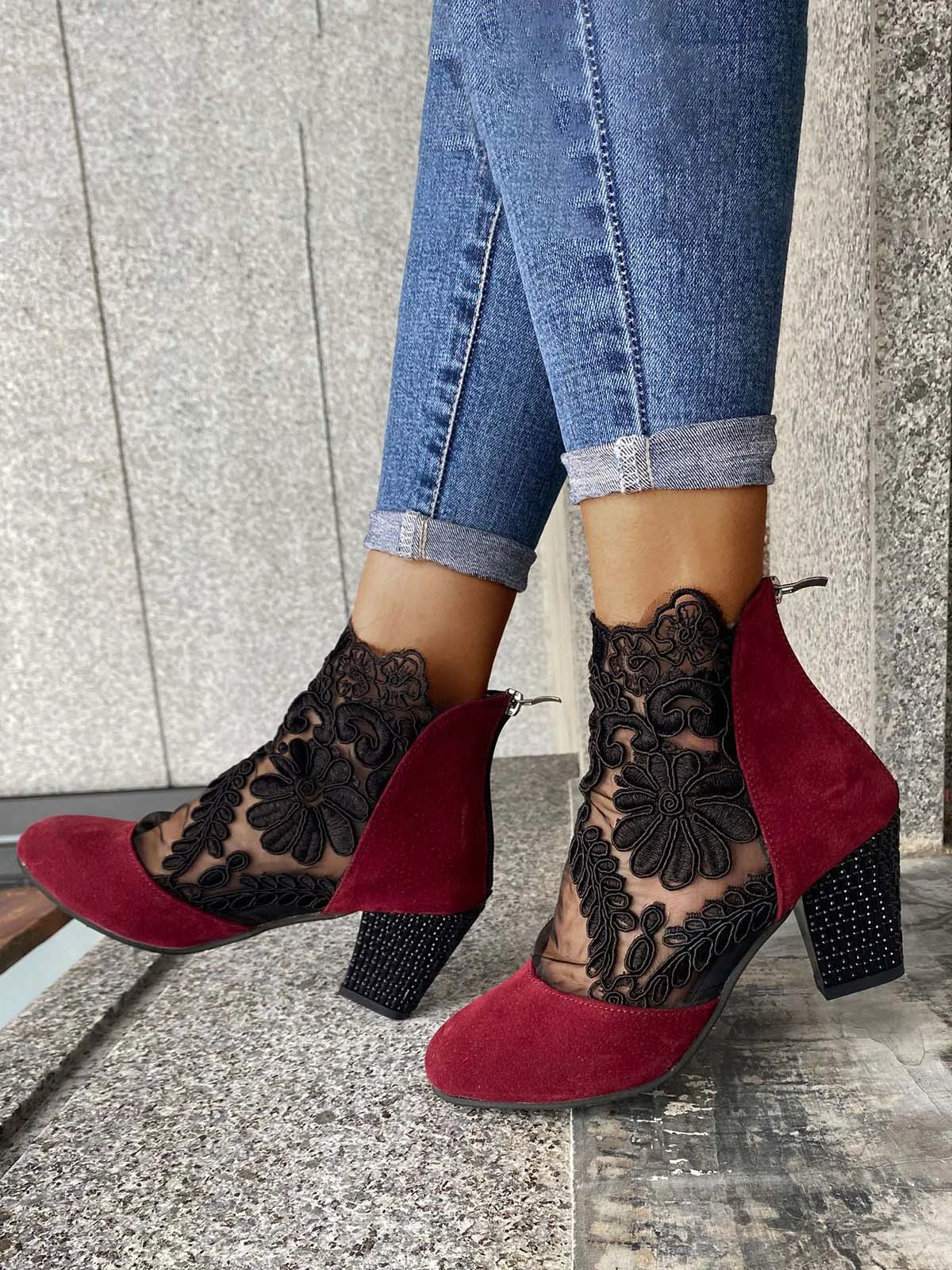 Lace Split Joint Chunky Heel Sandals Boots with Back Zip | justfashionnow