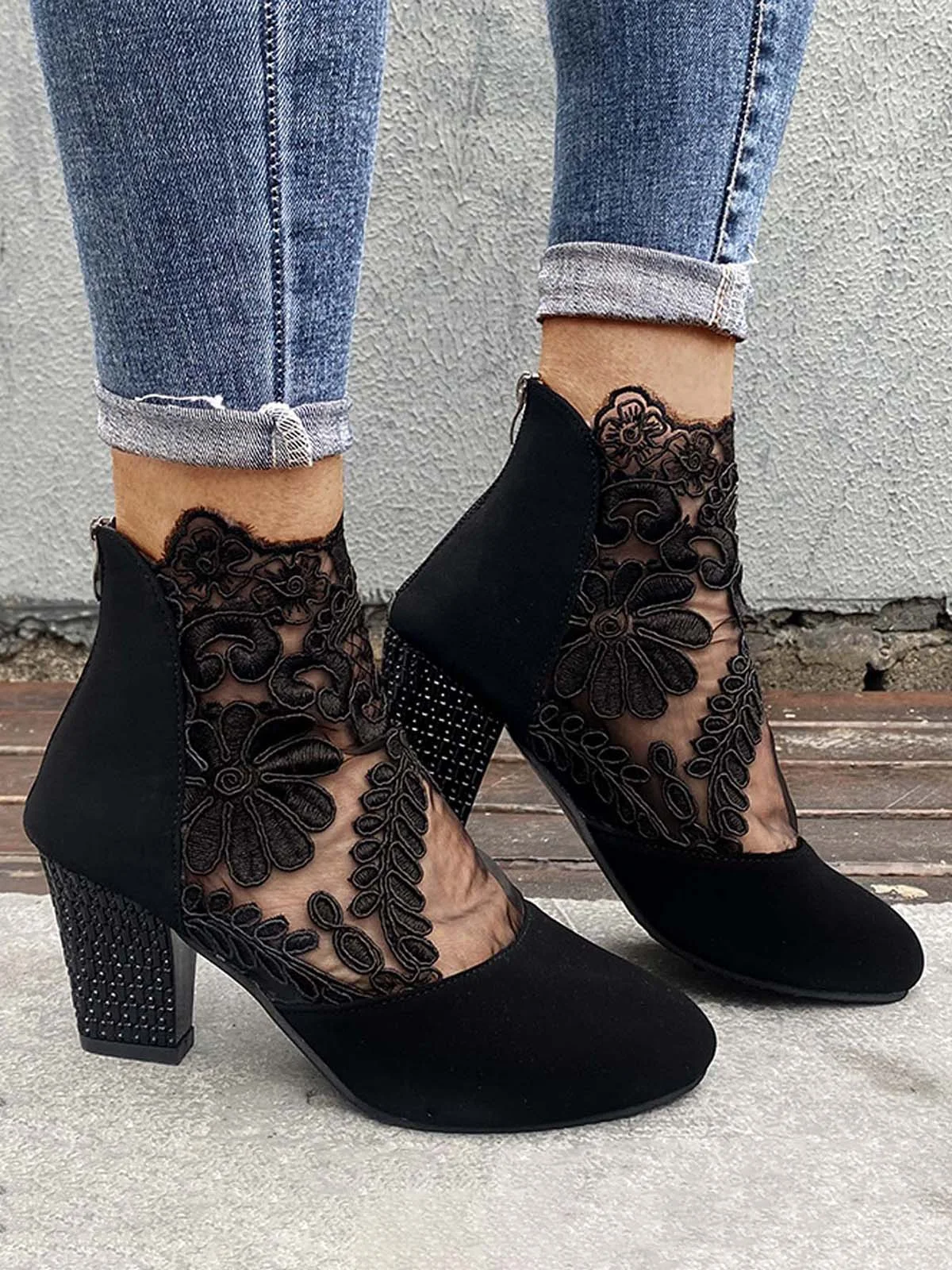 Lace Split Joint Chunky Heel Sandals Boots with Back Zip