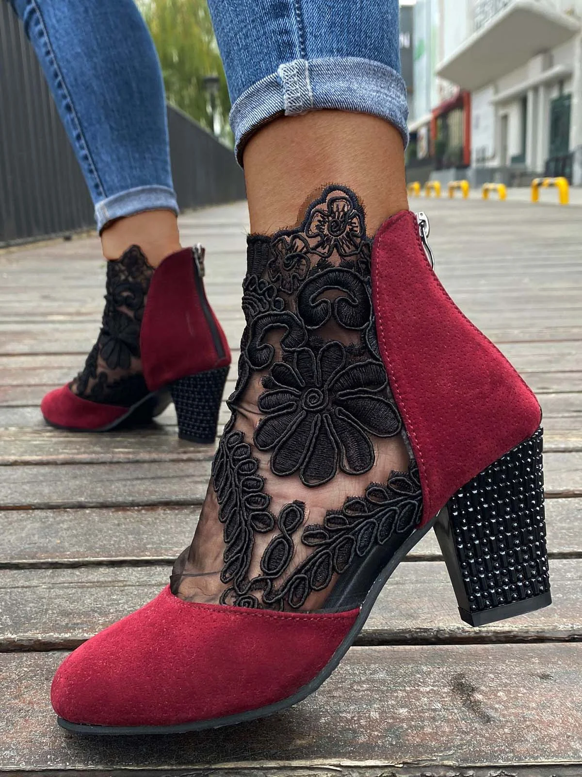 Lace Split Joint Chunky Heel Sandals Boots with Back Zip | justfashionnow