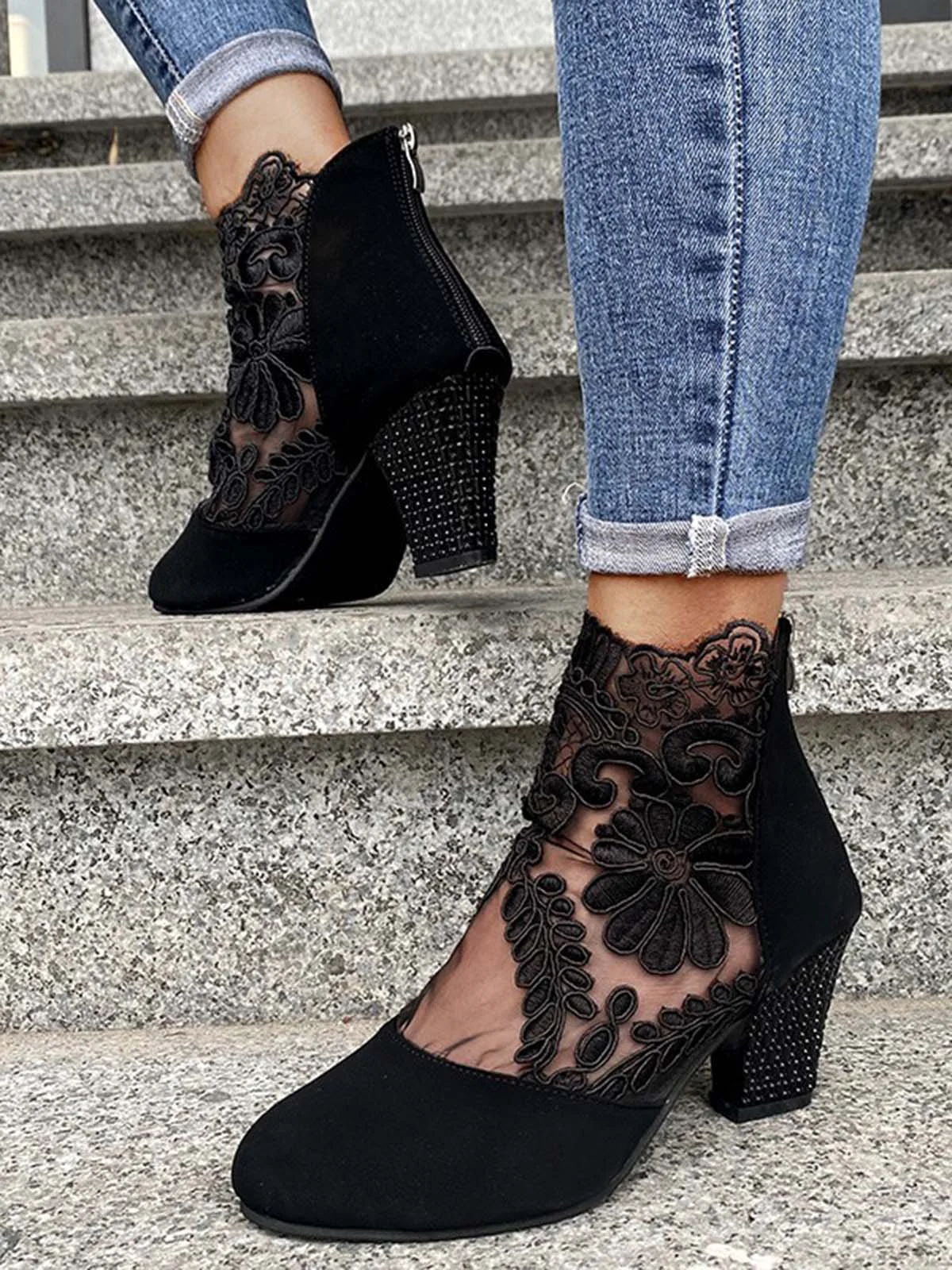 Lace Split Joint Chunky Heel Sandals Boots with Back Zip