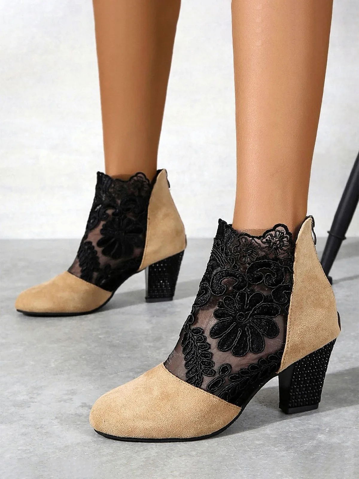 Lace Split Joint Chunky Heel Sandals Boots with Back Zip