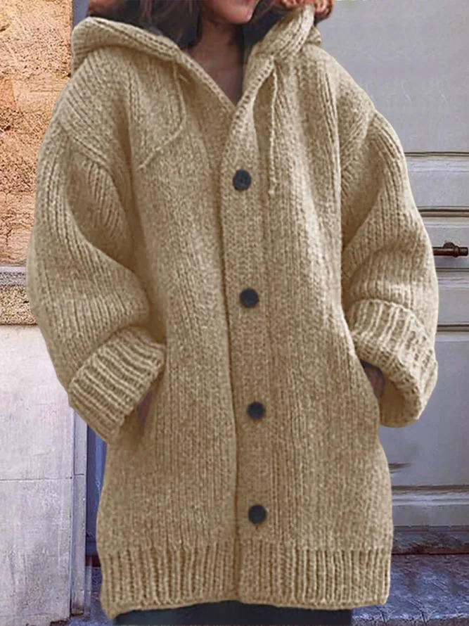 Women Chunky Knit Hooded Cardigan With Pocket Winter Pullover