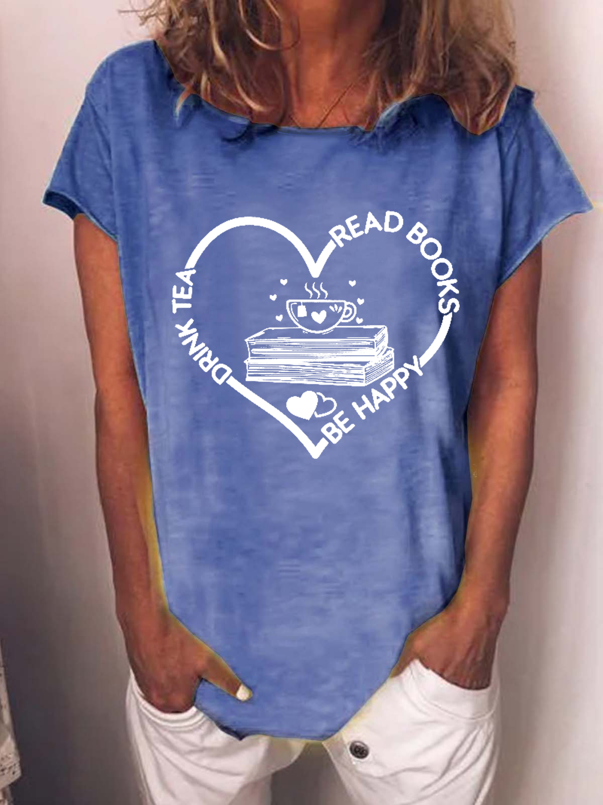 JFN Women's Book Lover Drink Tea Read Books Be Happy Cotton-Blend Loose Casual T-Shirt