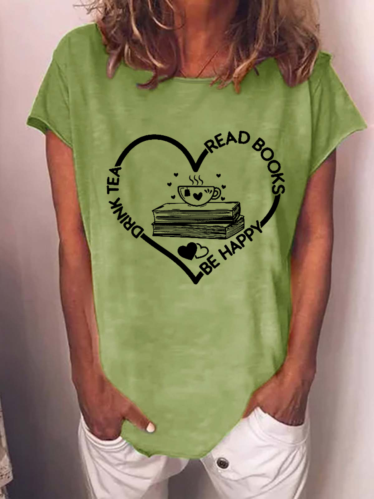 JFN Women's Book Lover Drink Tea Read Books Be Happy Cotton-Blend Loose Casual T-Shirt