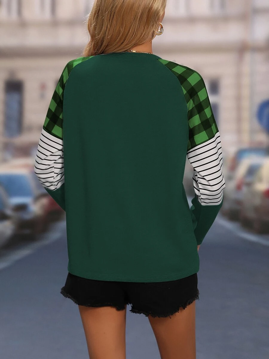 Casual Crew Neck Loose Color Block T-Shirt