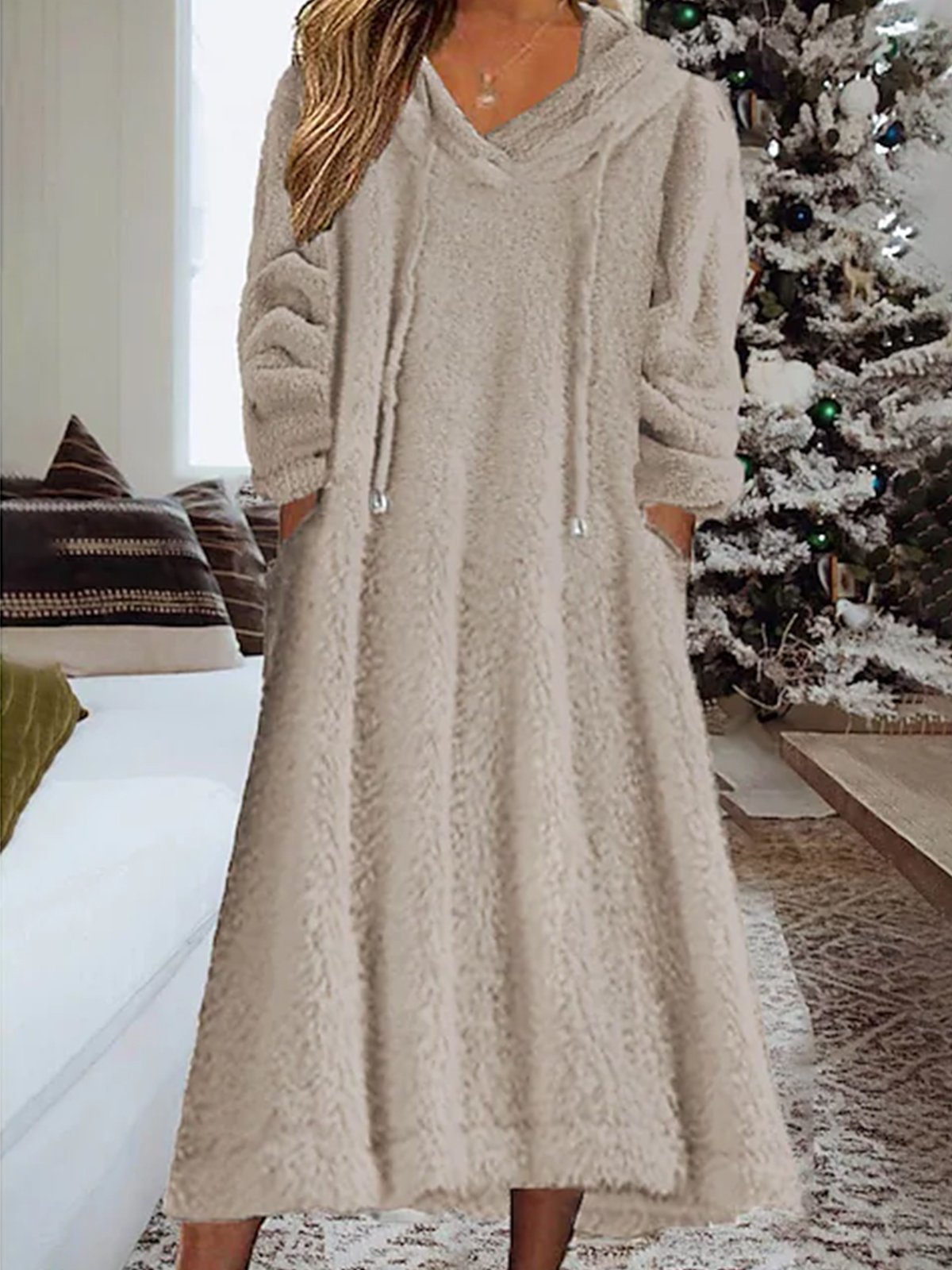 Loose Fluffy/Granular Fleece Fabric Hoodie Casual Dress