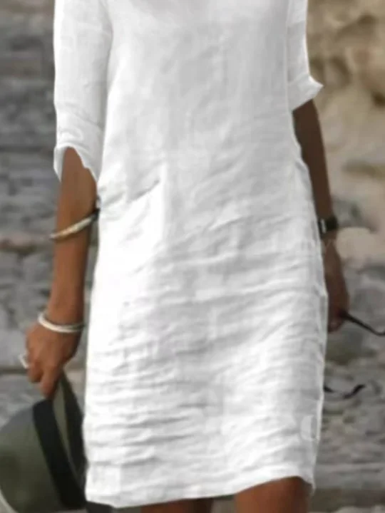 JFN Cotton & Linen Women Plain Button Detail Casual Dress