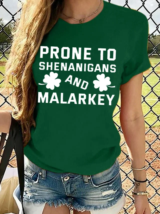JFN Women's Prone to Shenanigans and Malarkey St Patricks Day Casual Cotton T-Shirt