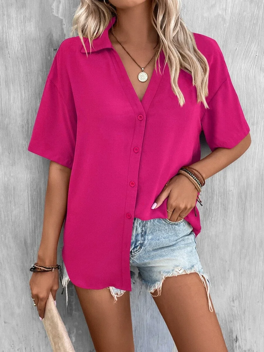 Casual Loose Shirt Collar Plain Blouse