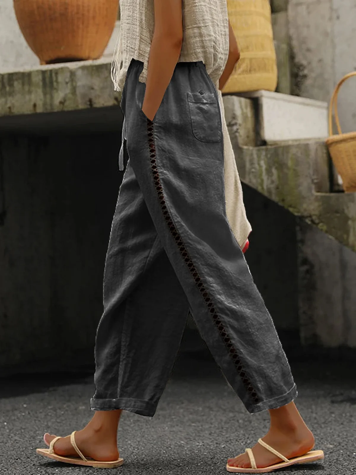 JFN Cotton & Linen Loose Casual Drawstring Plain Pants | justfashionnow