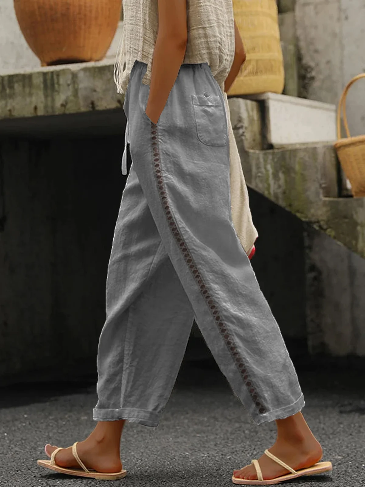 JFN Cotton Loose Casual Drawstring Plain Pants