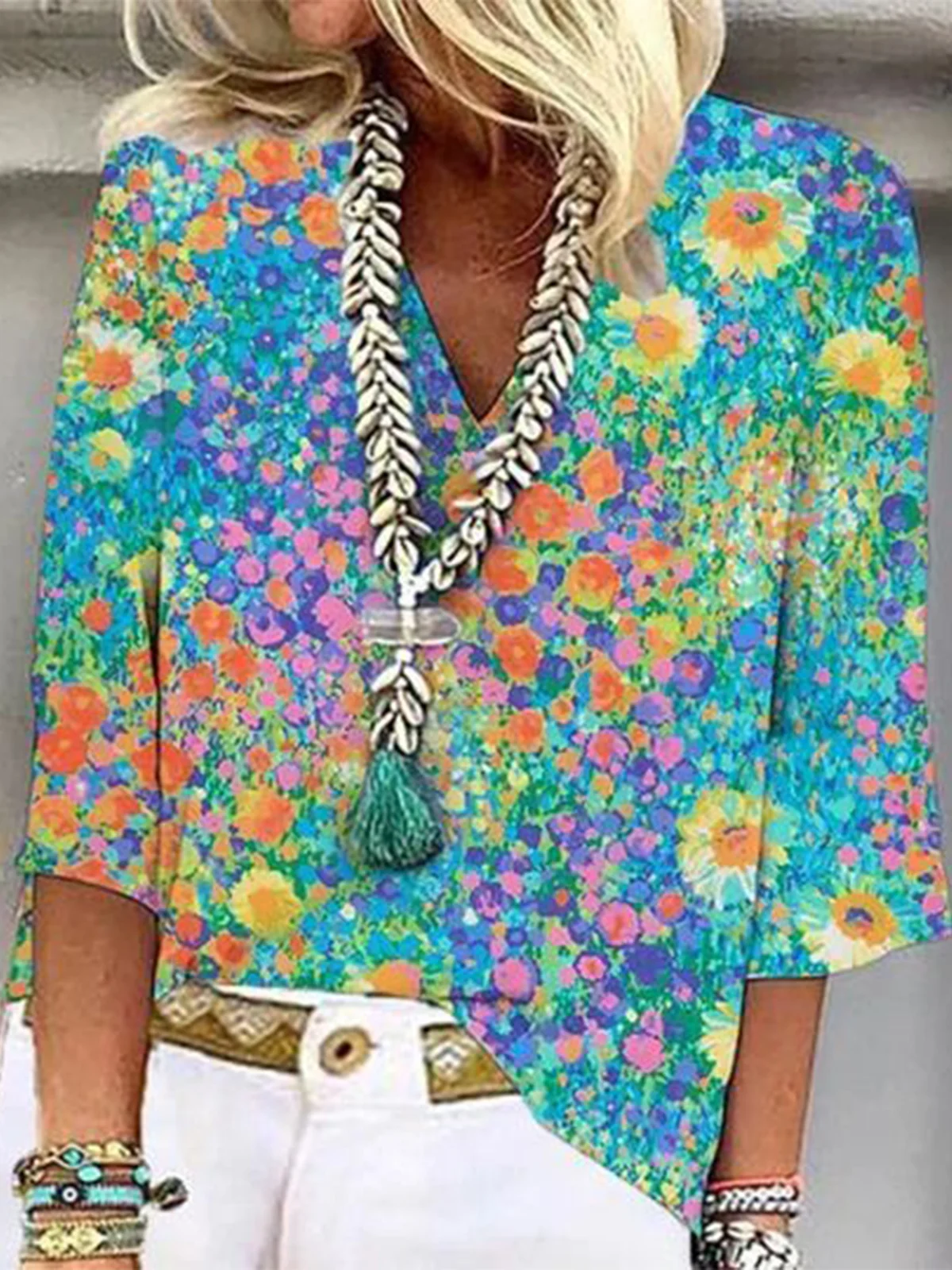 V Neck Vacation Floral Loose Blouse