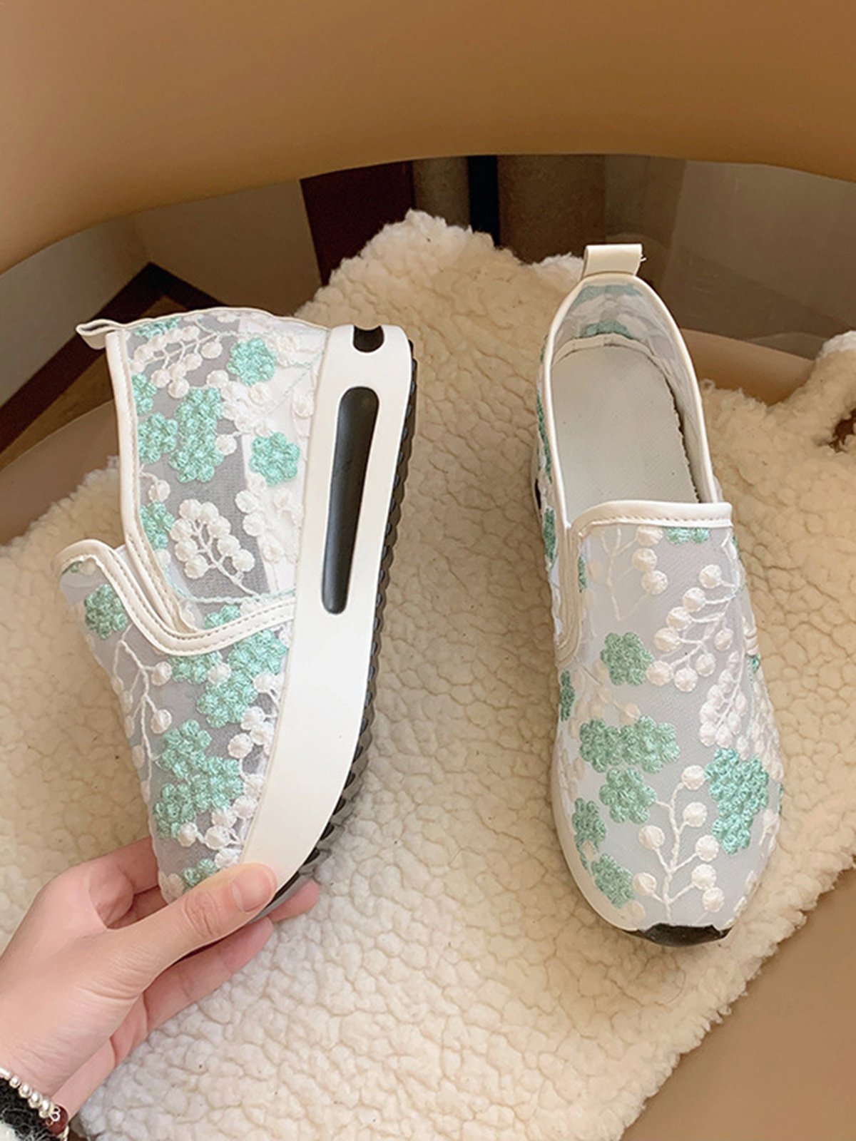 Floral Embroidery Breathable Platform Loafer Sheer Mesh Sneakers Hollow Out Tulle Comfortable Slip-On 