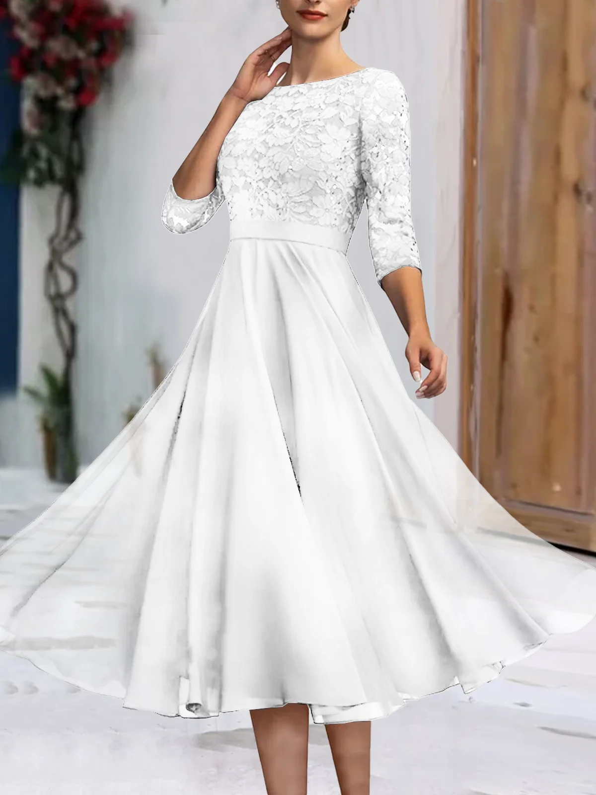 Wedding party Lace Chiffon zip seven Sleeve midi Dress | justfashionnow