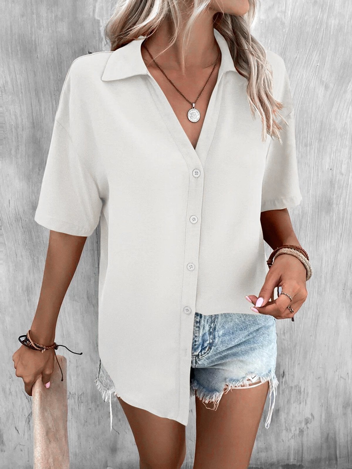 Casual Loose Shirt Collar Plain Blouse