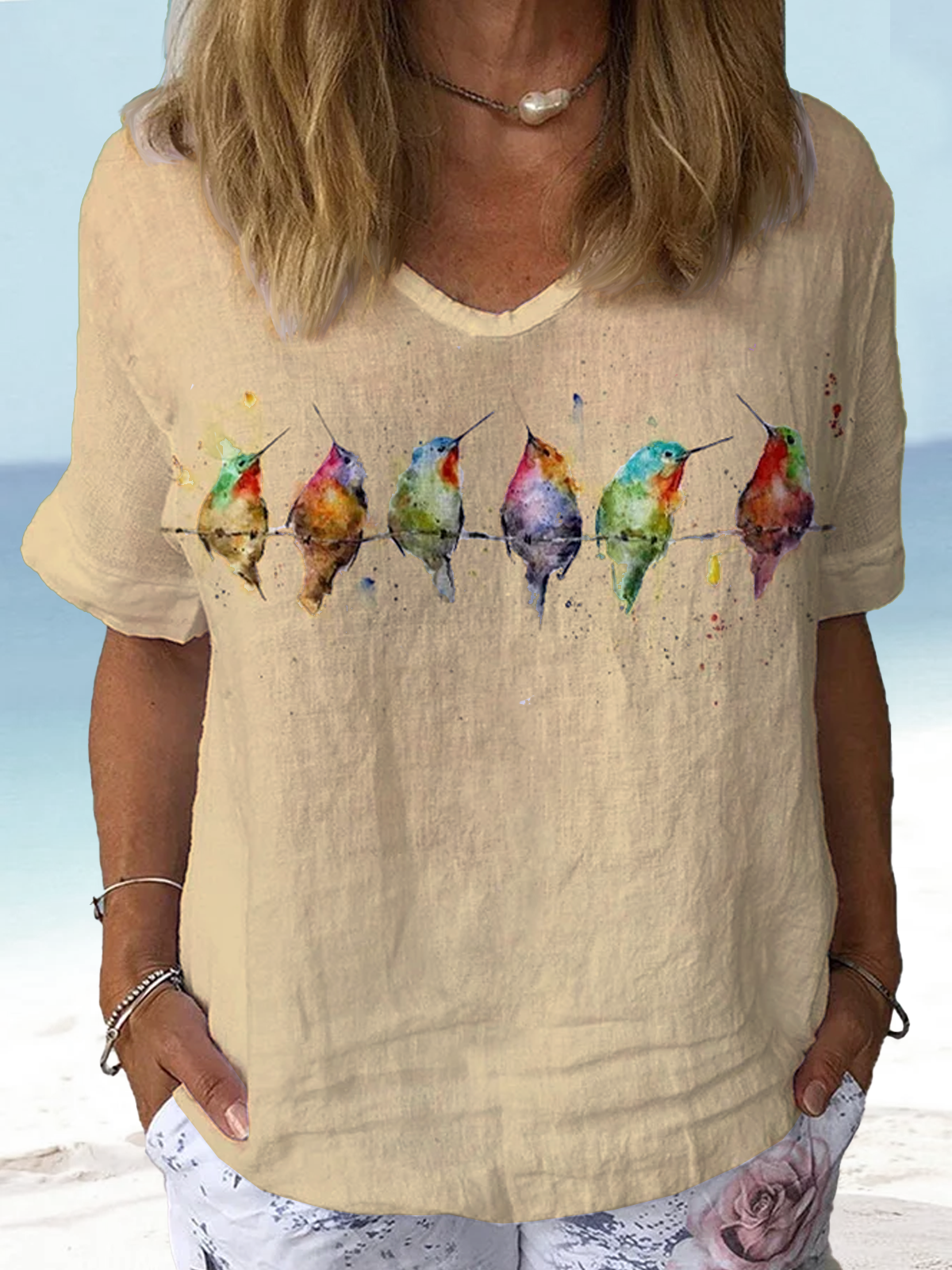 JFN Watercolor Hummingbirds Print Lounge Top