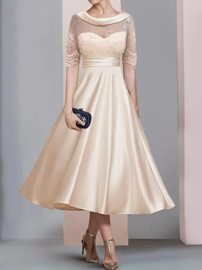 Mother of the groom/bride Boat Neck Satin Lace Elegant Dress