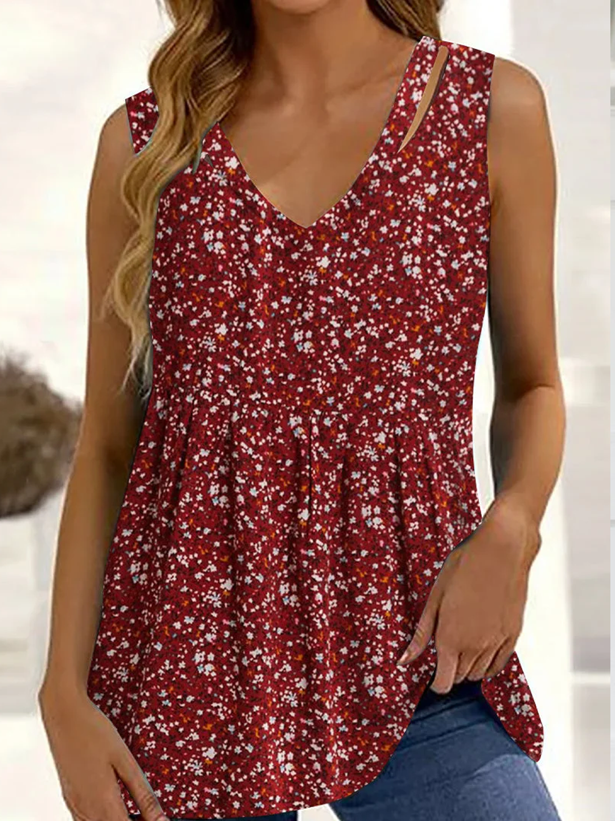 V Neck Knitted Vacation Floral Tank Top justfashionnow