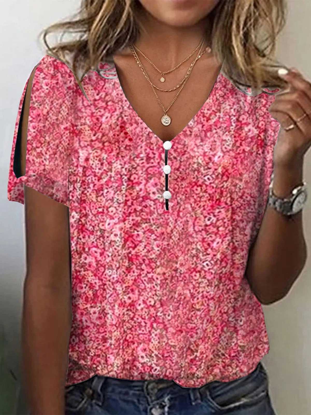 V Neck Floral Buttoned Elegant T-Shirt | justfashionnow