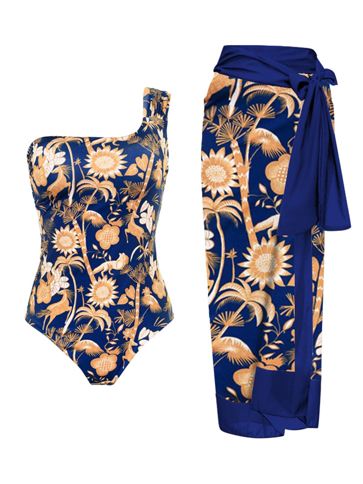 Vacation Floral Printing One Shoulder One Piece With Cover Up