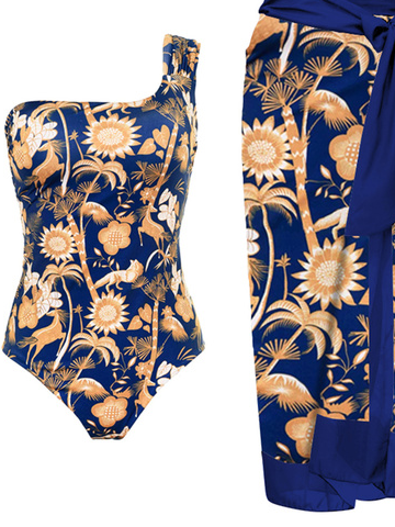 Vacation Floral Printing One Shoulder One Piece With Cover Up