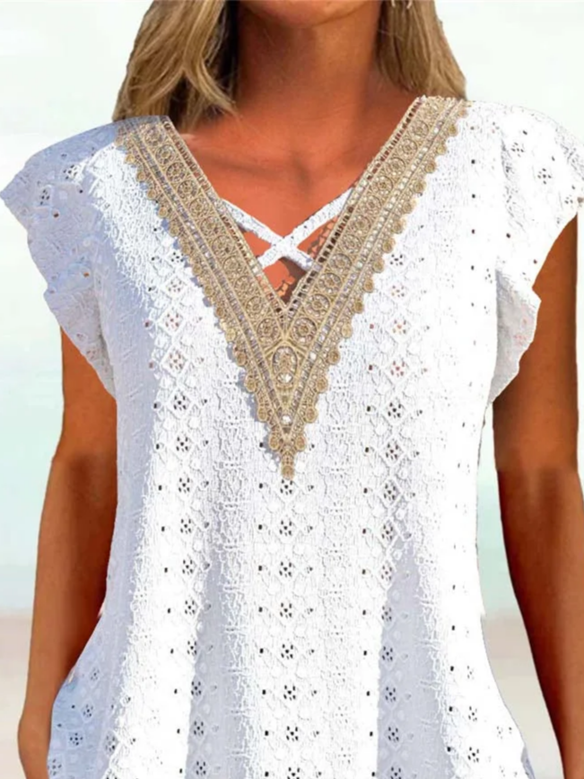 V Neck Lace Casual Loose Blouse