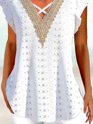 V Neck Lace Casual Loose Blouse