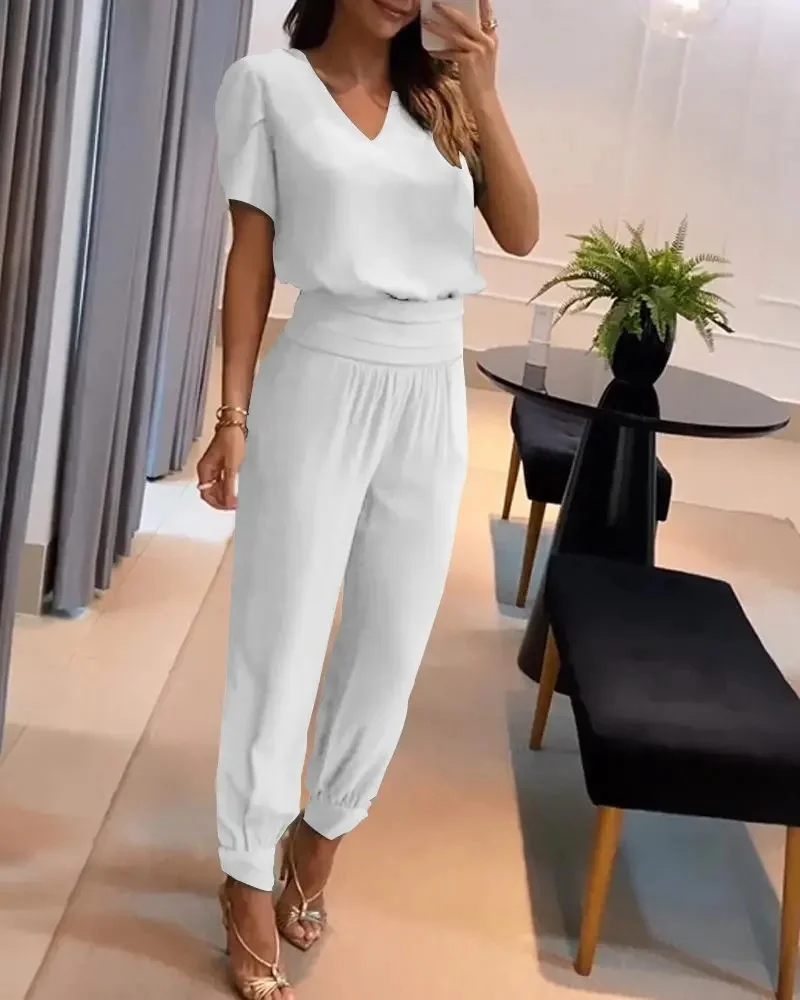 Summer Plain Loose Casual V Neck Two-Piece Set