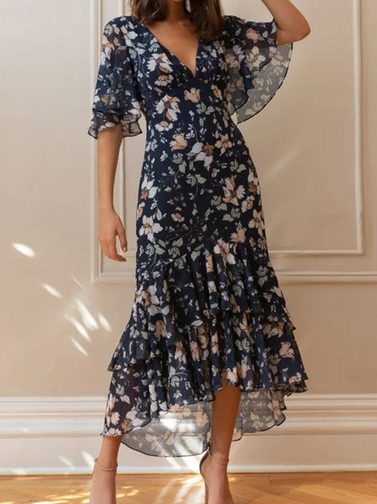 Ditsy Floral Elegant Chiffon Flare Sleeve Dress