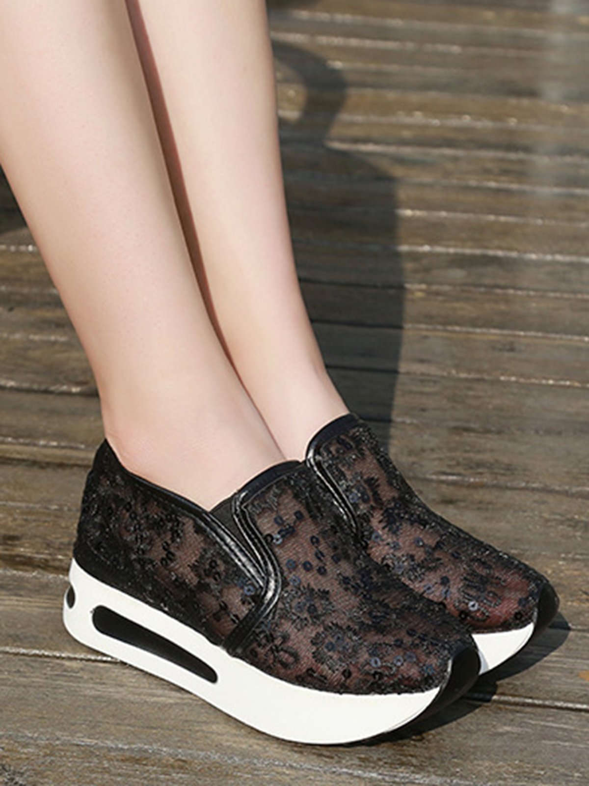 Breathable Floral Embroidery Slip-on Muffin Sneakers | justfashionnow
